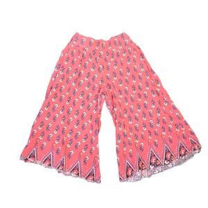 Free People Coral-Red Floral Print Flowy Wide Leg Linen Blend Pants S
